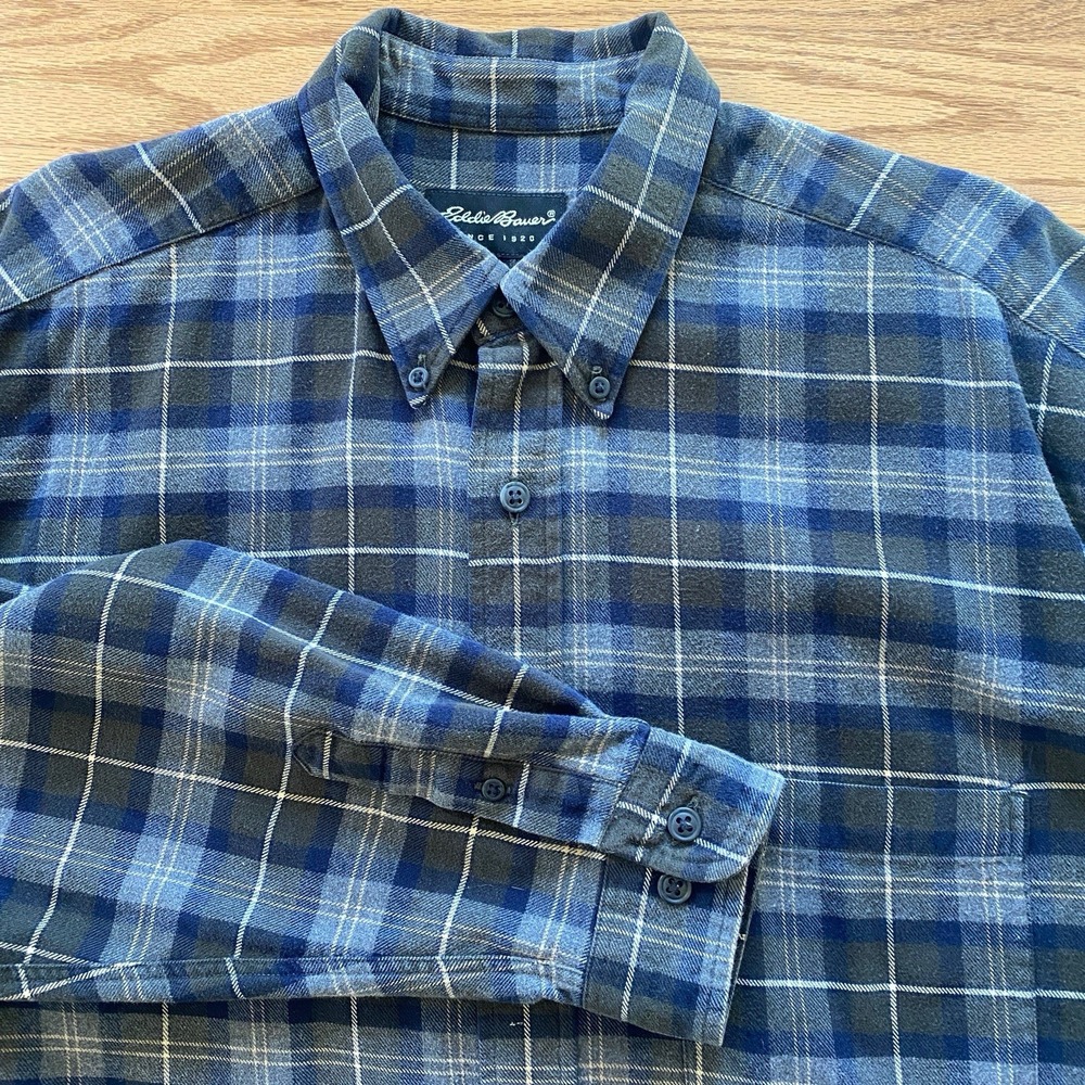 Vintage 90s Eddie Bauer Flannel Mens Large Plaid Button Down Gray Heavyweight